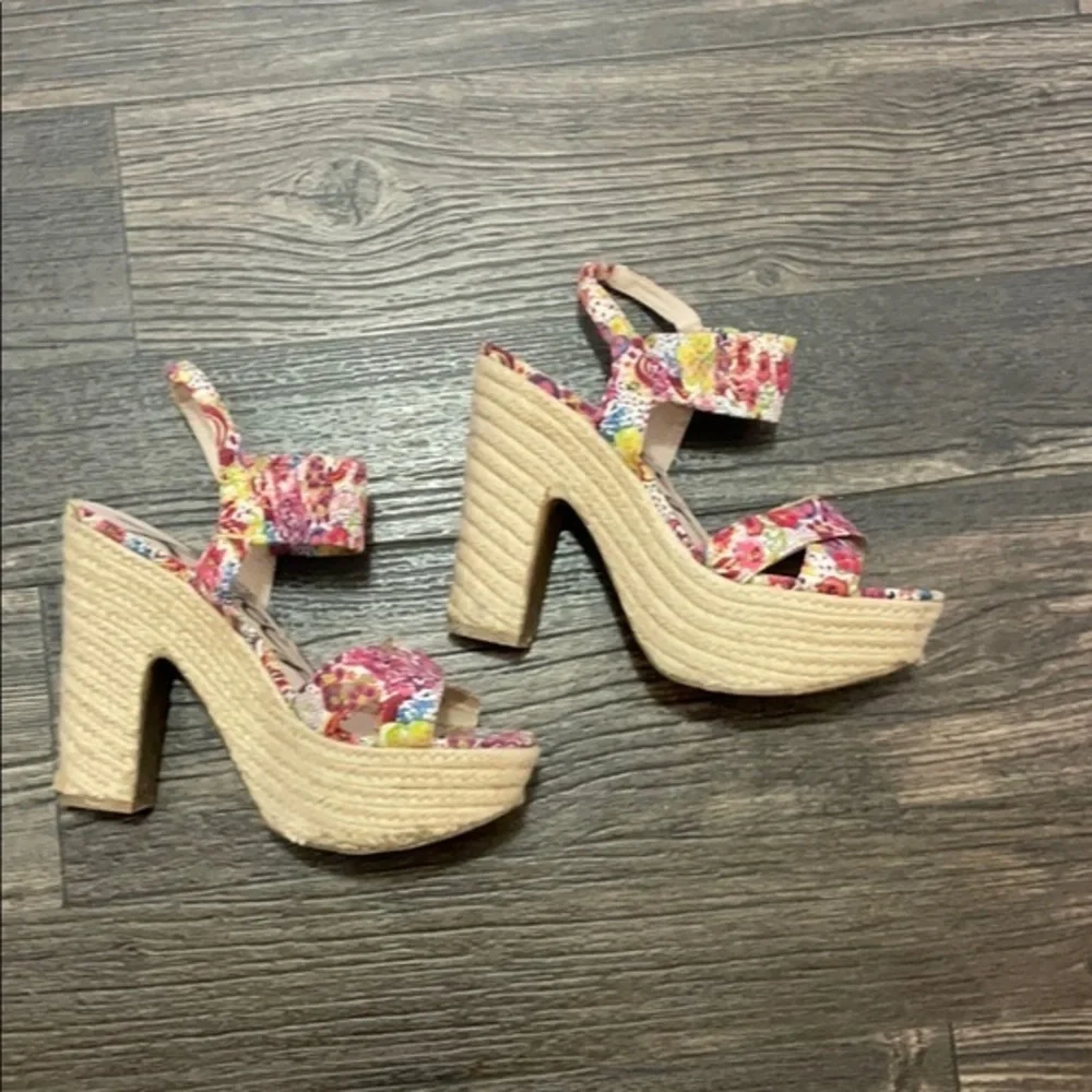 Rebels platform espadrilles floral stretch straps sling back chunky heel size 9